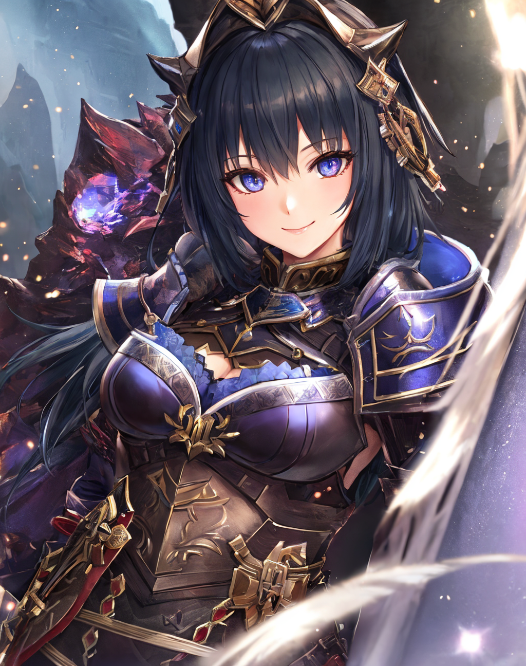 03345-2279622820-Masterpiece, absurdres, fine detail, HDR, highly detailed face and eyes, anime, smiling, MHmix, a woman in a black armor in a ca.png